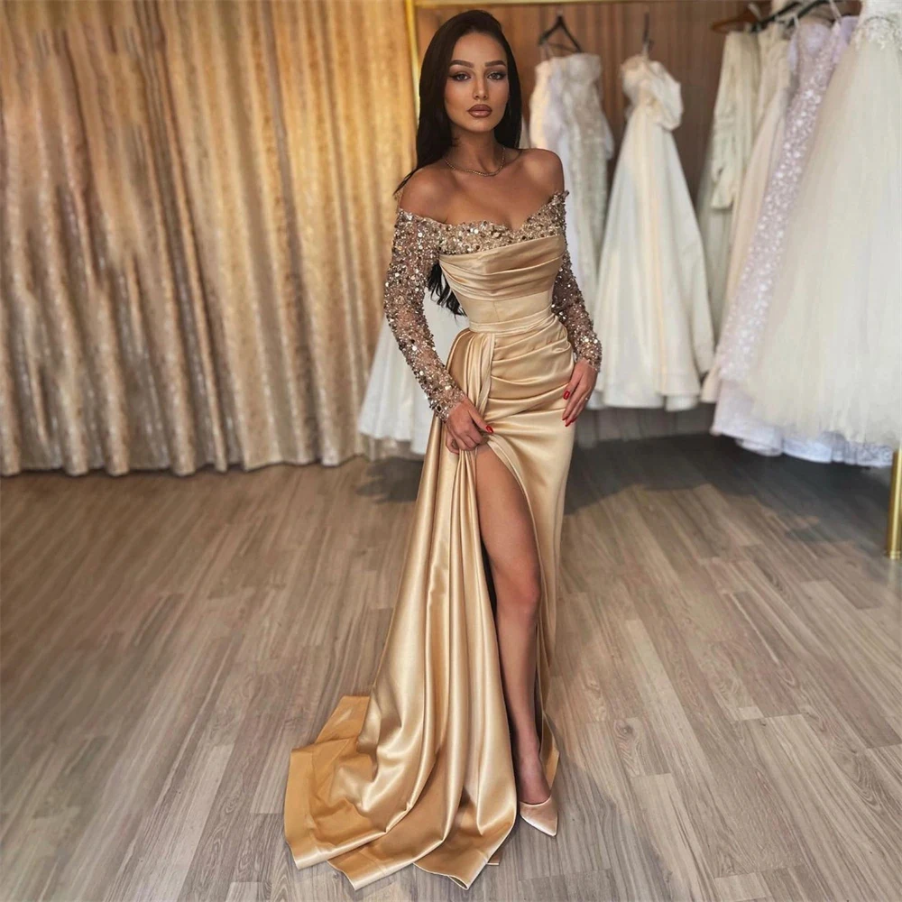

Fairytale V-Neck Prom Dresses Off Shoulder Wrinkle Floor-Length Beaded Sequins Court Stain Wedding Party Zipper Up 2023