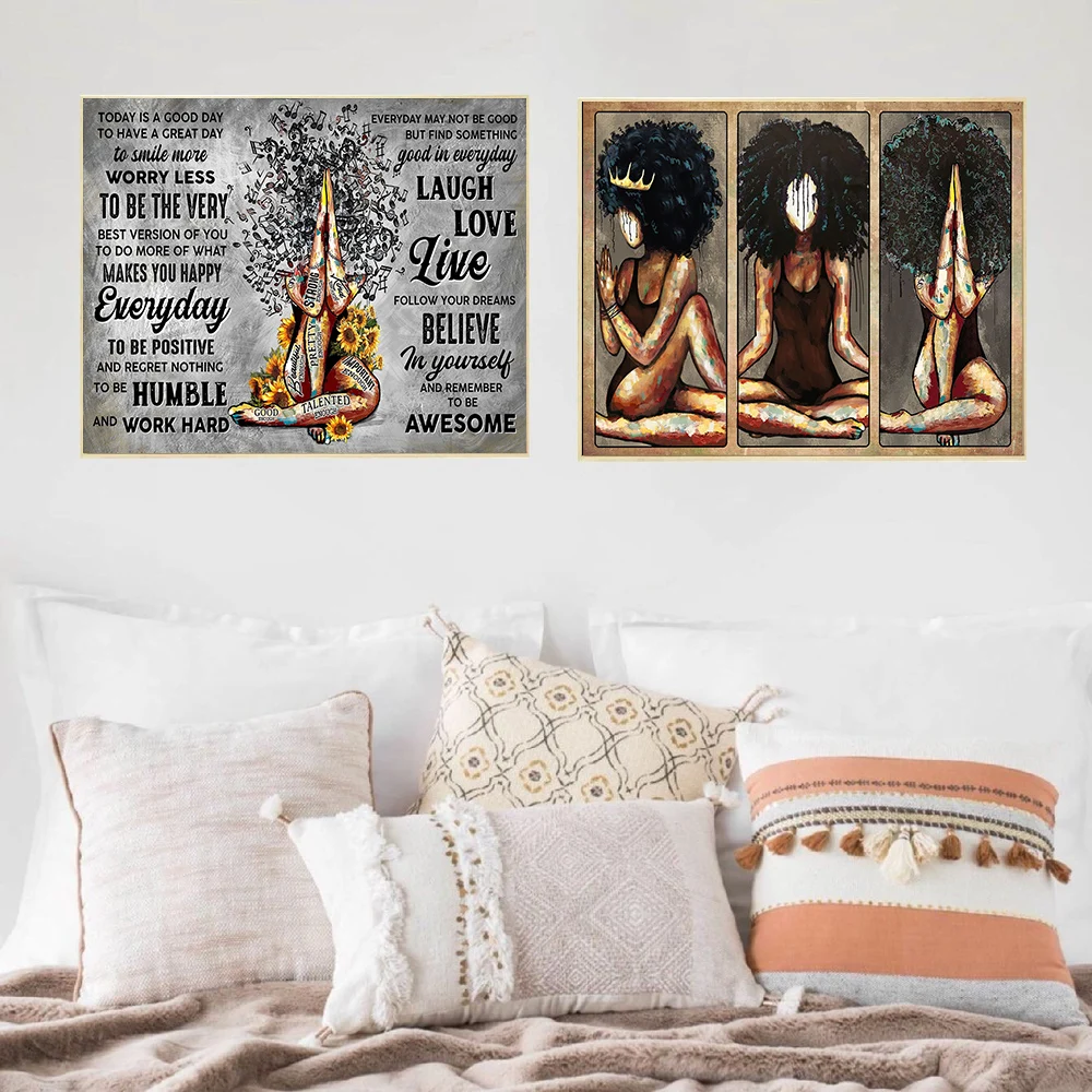 

African American Black Queen Art Print Poster Afro Black Women Praying Sunflower Canvas Painting Wall Pictures Girls Room Decor