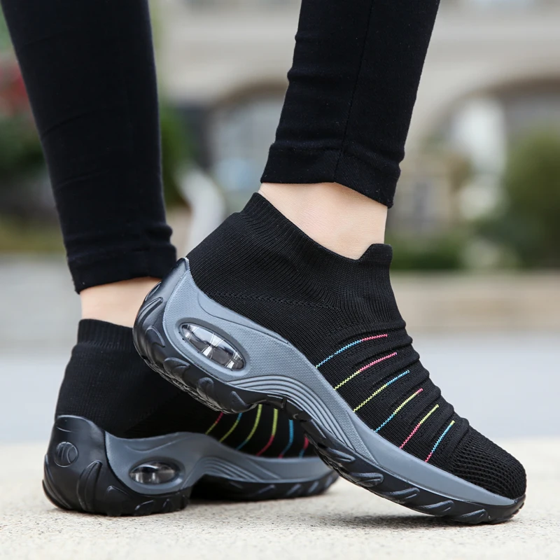 Women's Walking Shoes Anti-Slip Air Cushion Fashion Comfortable Socks Shoes Thick Sole Loafers Anti-Slip Striped Colorful Mesh