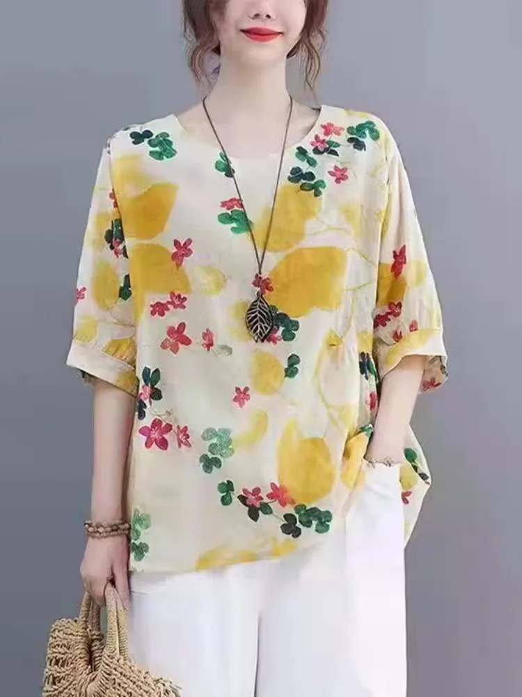 Cotton and Linen Fashion Women clothes Casual Short sleeve T-shirt 2024 Summer New Chubby Girl Belly Covering Slimming Loose ...