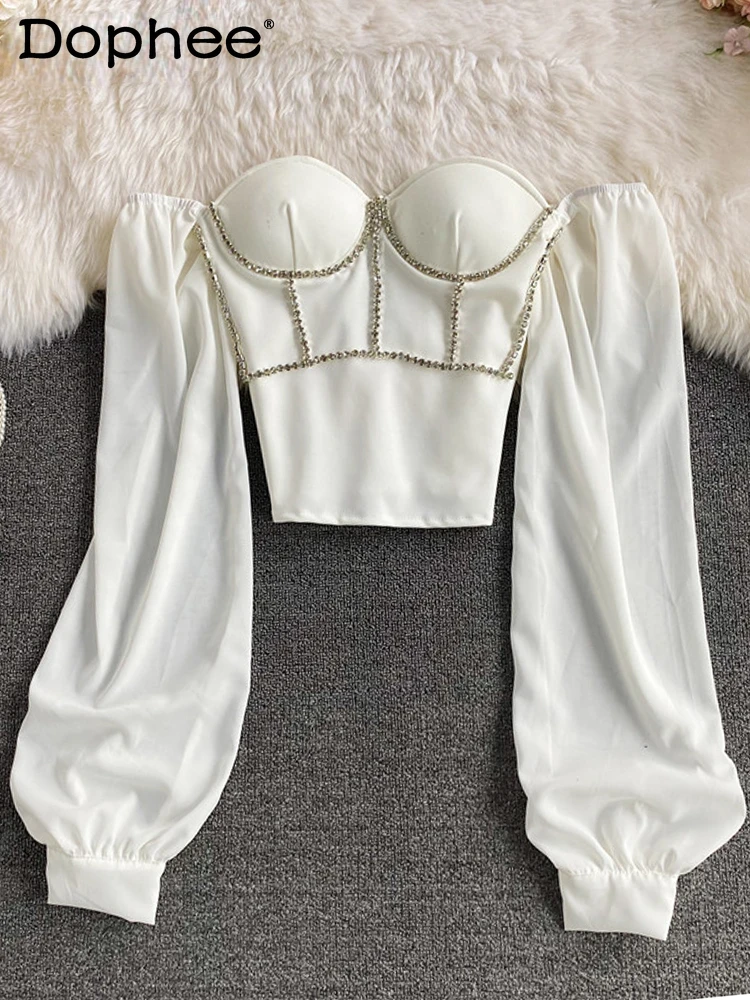 

Women Vintage Diamonds T-shirt New Solid Color Slash Neck Long Sleeve Fashion Temperament Autumn Summer 2022