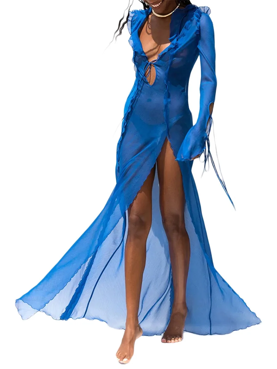 Прозрачное Сетчатое пляжное длинное платье с оборками и V-образным вырезом на