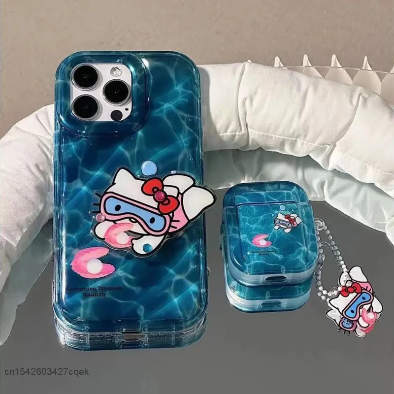 Sanrio Diving Hello Kitty Iphone Case Apple 11 12 13 14 Pro Max Trend Cover With Holder Airpods 1 2 3 Pro Wireless Headset Case