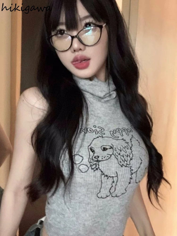 Однотонная туника футболки Женская водолазка без рукавов с принтом собаки