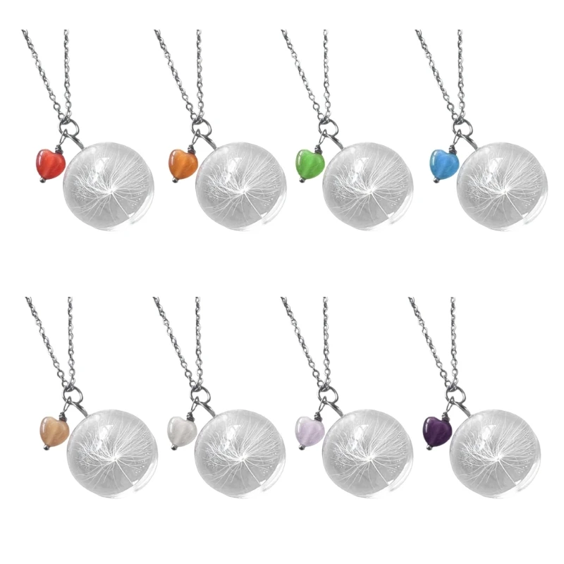 

E0BF Elegant Glass Ball Dried Flower Necklace with Crystal Heart Charm Delicate