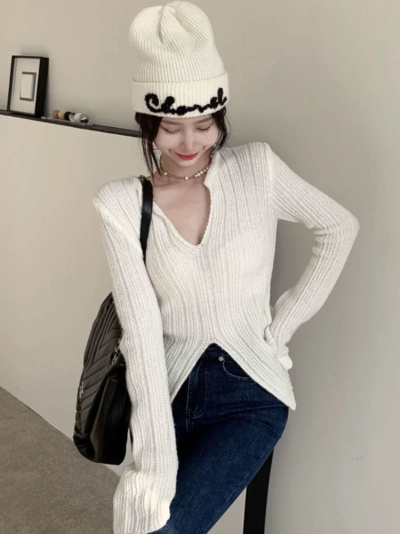 

spring new Korean slim v-neck split Pullovers Women Minimalist Pure Sexy Slit Personality Hot Girls Creativity Sweet Sweater