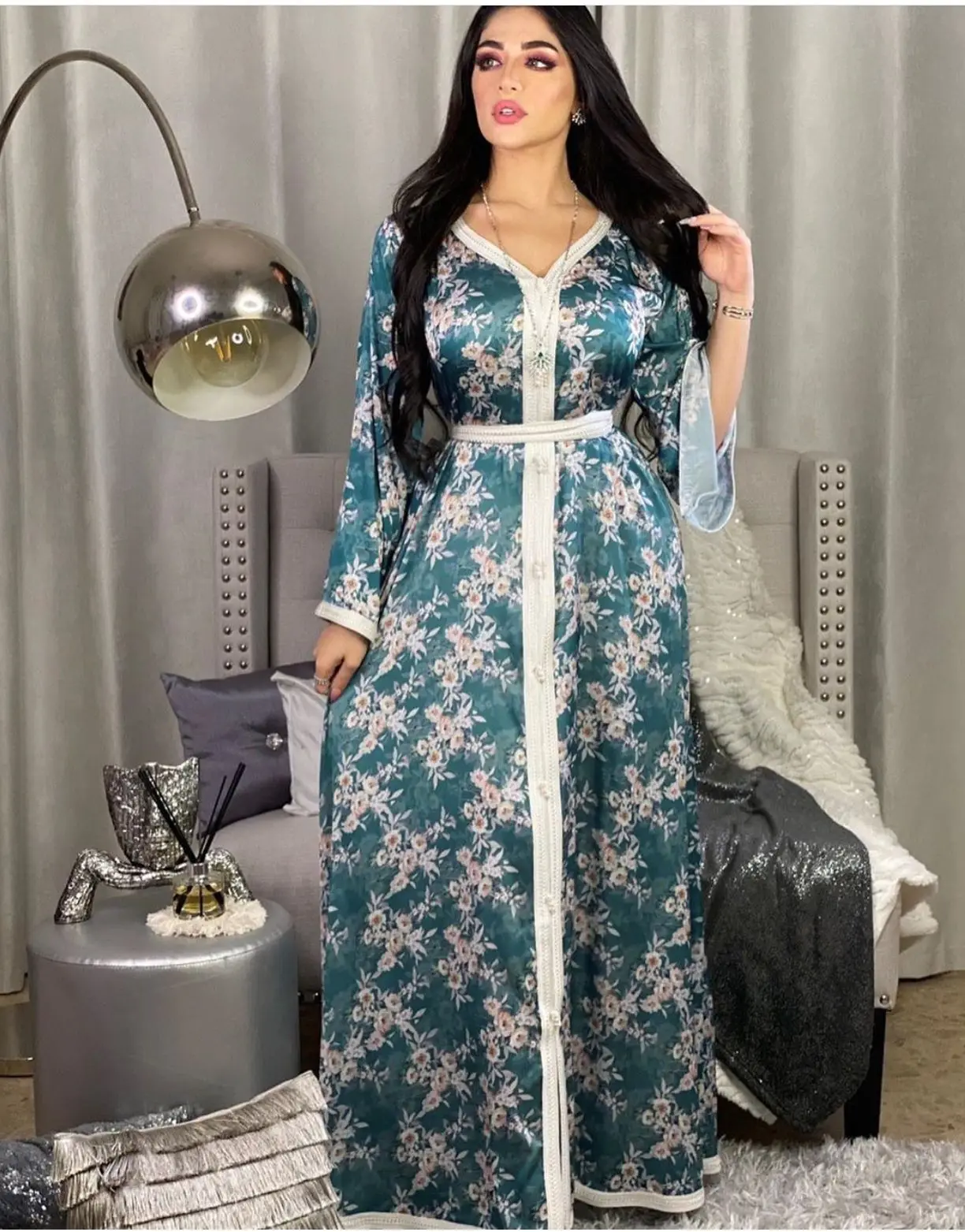 Женское платье с цветочным принтом Abayas, длинное мусульманское платье в турецком стиле на шнуровке, большой свободный фасон Kuftan Dubai