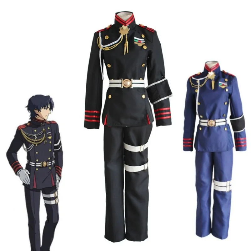 

Anime Guren Ichinose Seraph of The End Red Lotus Team Cosplay Costume Halloween Adult Men Black Blue Army Uniform Coat Pants Set