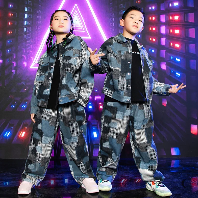 

2022 Fashion Kids Street Wear Hip Hop Dance Costume Girls Jazz Performance Clothing Boys Drum Concert Outfit Denim Suit BL9645