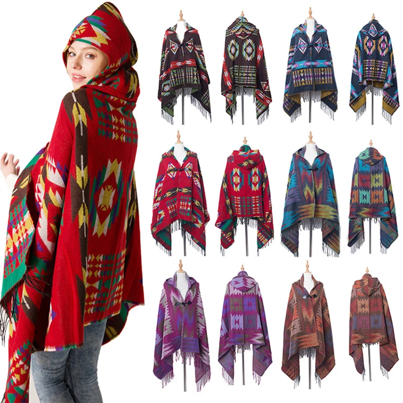 

New Bohemian Winter Women Ponchos Hooded Shawls Striped Tassel Knit Scarves Warm Batwing Cape Cloak Jacket Coat Outwear Sweater