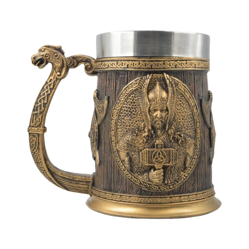 

594C 600ml Viking Wood Style Beer Mug Medieval Resin Stainless Steel Beer Mug Retro Tankard Coffee Cup Tea Mug Beer Cup