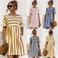 summer striped ruffled casual fashion womens dress short sleeve round neck loose dress