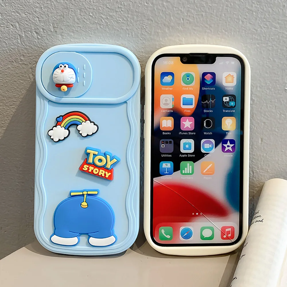 Cute Cartoon Doraemon Push The Window Phone Case for IPhone 14 13 12 11 Pro Max Plus Anti-shatter Silicone Back Cover