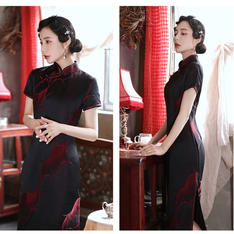 

Chinese Style Dress Summer Retro Sexy Deep Red Stand Collar Side Split Banquet Qipao Dress Vestidos De Mujer Casual Elegante