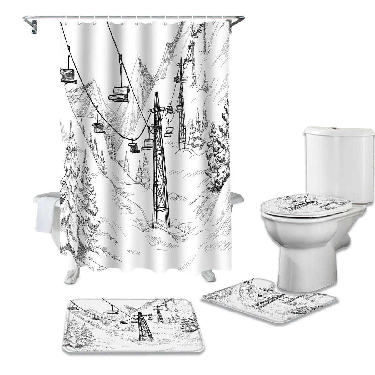 

White Snow Cable Car Ski Mountain Sketch Shower Curtain Set Carpet Cover Toilet Cover Bathroom Mat Bathroom Household