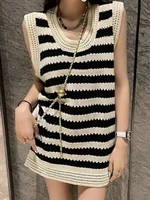 deeptown y2k korean style striped knitted tanks tops harajuku women sexy sleeveless hollow out knitwear o neck tees streetwear