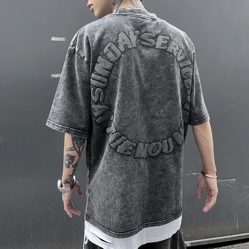 

Summer Letter Foam Washed Retro Black Mens T Shirt Short Sleeve Oversized Streetwear Cotton Tees Loose Crew Neck Casual Tshirts