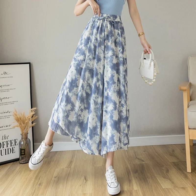 

Women Summer Fashion Tie-dye Print Pleated Wide-leg Pants 2021 Casual Lace-up Elastic Waist Chiffon Skirt Pant Loose Trousers