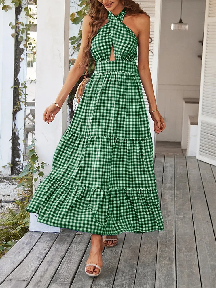 

Bohemia Casual Resort Dresses Swing 2022 New Halter Neck Sexy Sleeveless High Waist Fashion Plaid Printed Long Dresses