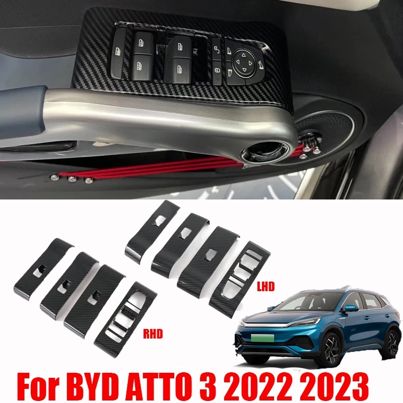 

LHD RHD For BYD YUAN PLUS ATTO 3 2022 2023 ABS carbon door armrest Car Windows lift button Control Panel Cover 4pcs