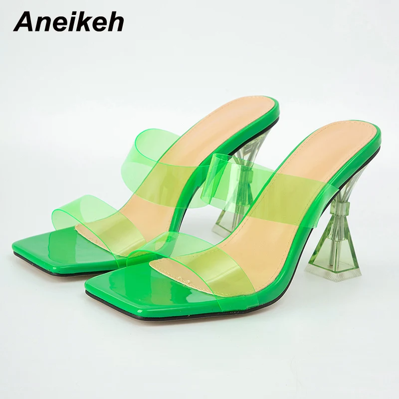 

Aneikeh 2022 Summer Rome Women Mules Fashion Transparent PVC Square Open Toe Strange Heel Shallow Head Ladies Outdoor Slippers