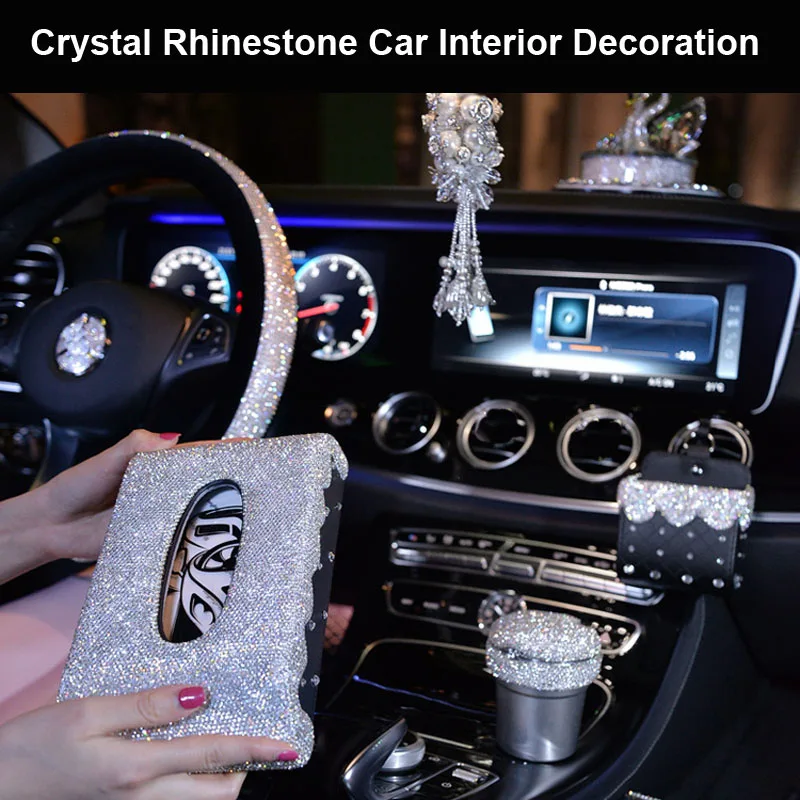Luxury Diamond Crystal Car Steering Wheel Covers for Girls Women Rhinestone Ashtray Tissue Box Car Interior Decor Accessories Luxury Diamond Crystal Car Steering Wheel Covers for Girls Women Rhinestone Ashtray Tissue Box Car Interior Decor Accessories