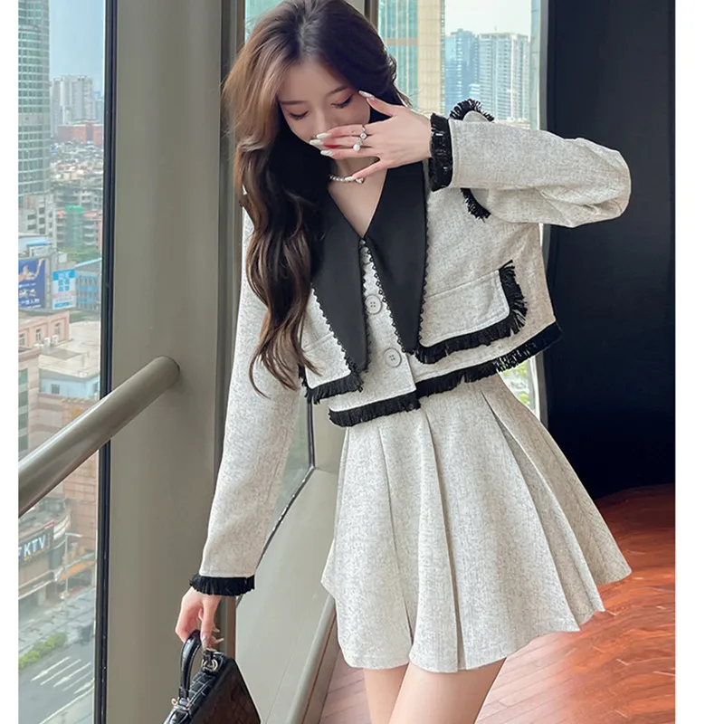 

Женский твидовый костюм из двух предметов, укороченный пиджак с отложным воротником и плиссированная юбка в винтажном Корейском стиле, осень 2022