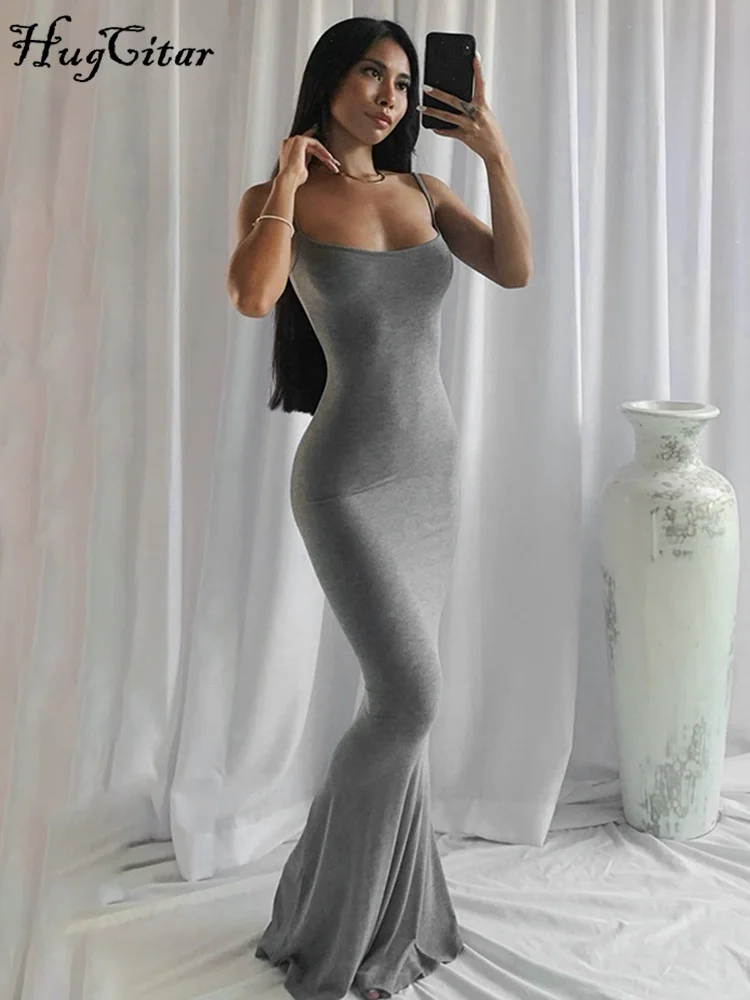 

Hugcitar Satin Slip Sleeveless Backless Slim Sexy Maxi Dress 2022 Spring Women Party Y2K Concise Bodycon Elegant Clothing