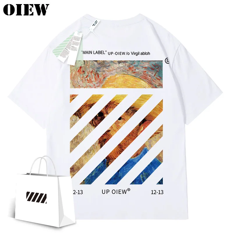 

Design Sense Oil Painting Van Gogh T-shirt 2022 New Trendy Brand OW Striped Arrow Loose Half-sleeved Men Women Couple Streetwear