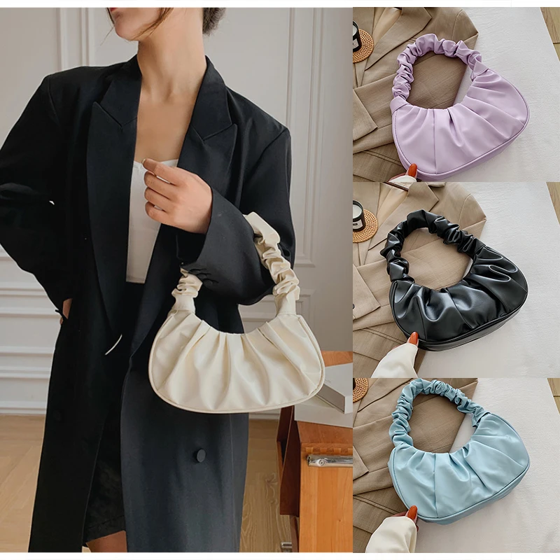 Купи Solid Color Cloud Pleated for Women PU Bags Leisure Armpit Bag Shopping Shoulder Bags Dumpling Handbag Female bags for women за 188 рублей в магазине AliExpress