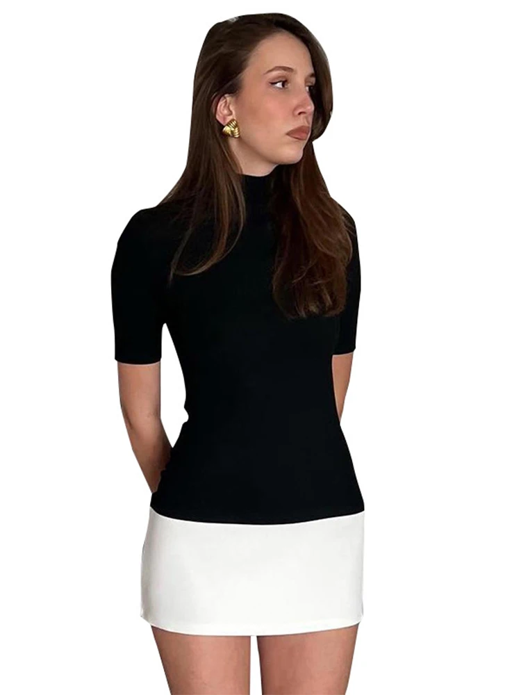 Летние Платья-мини с высоким воротником и коротким рукавом Модное Элегантное