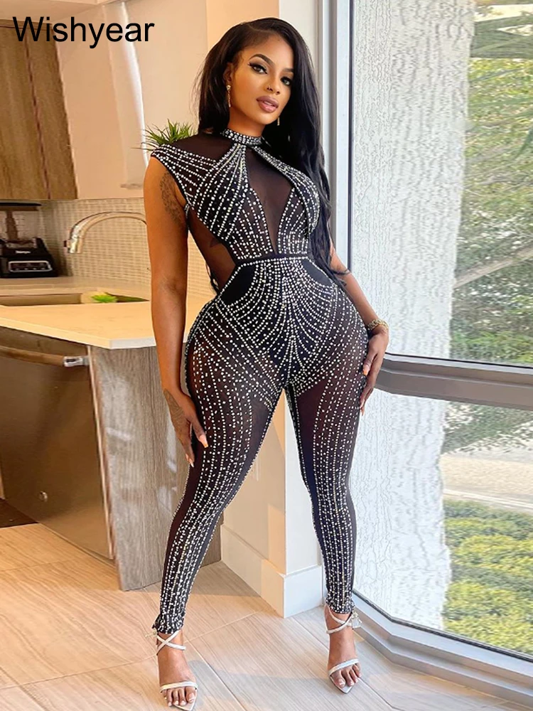 

Wishyear Sexy Night Club Mesh See Though Diamonds Rhinestones Long Sleeve Jumpsuit Women One Piece Suit Romper Birthday Playsuit