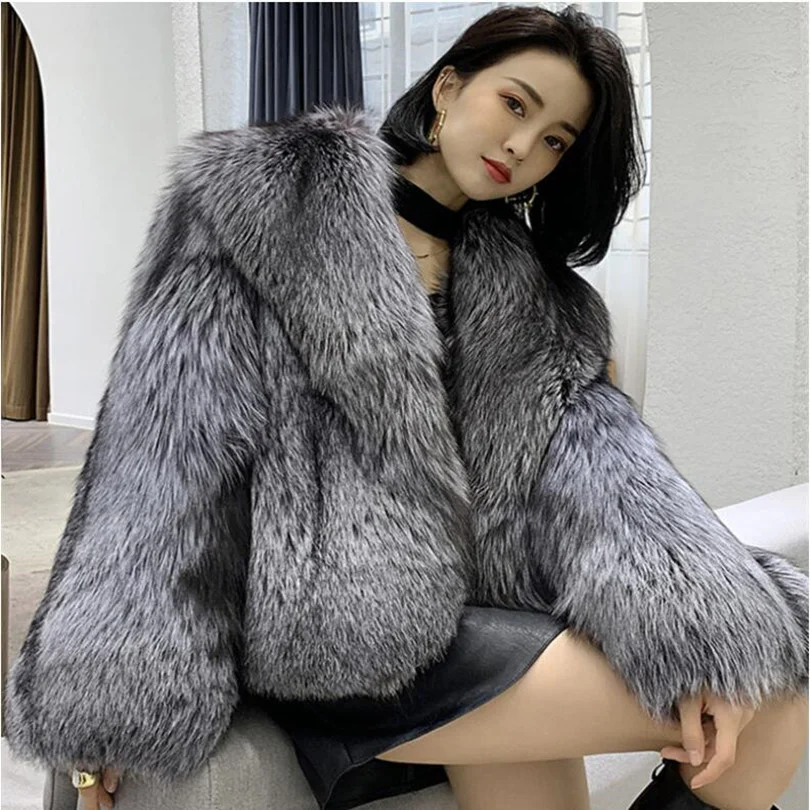 Female Man-Made Fox Coat Short Jackets V-Neck Casual Winter Overcoats Women Fashion Fur Outwears