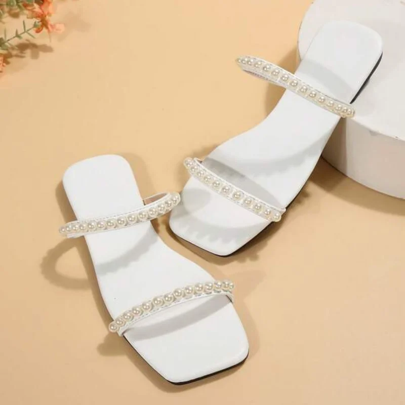 Women Faux Pearl Decor Double Strap Flat Sandals Summer Outdoor Vacation Fashion Beach Slides Casual Elegant Office-Ladies Shoes
