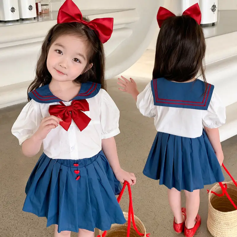 

Cute Cartoon Girl Short Sleeved Short Skirt Set Summer New Children's JK Navy Style Uniform Set College Style Two-Piece Set