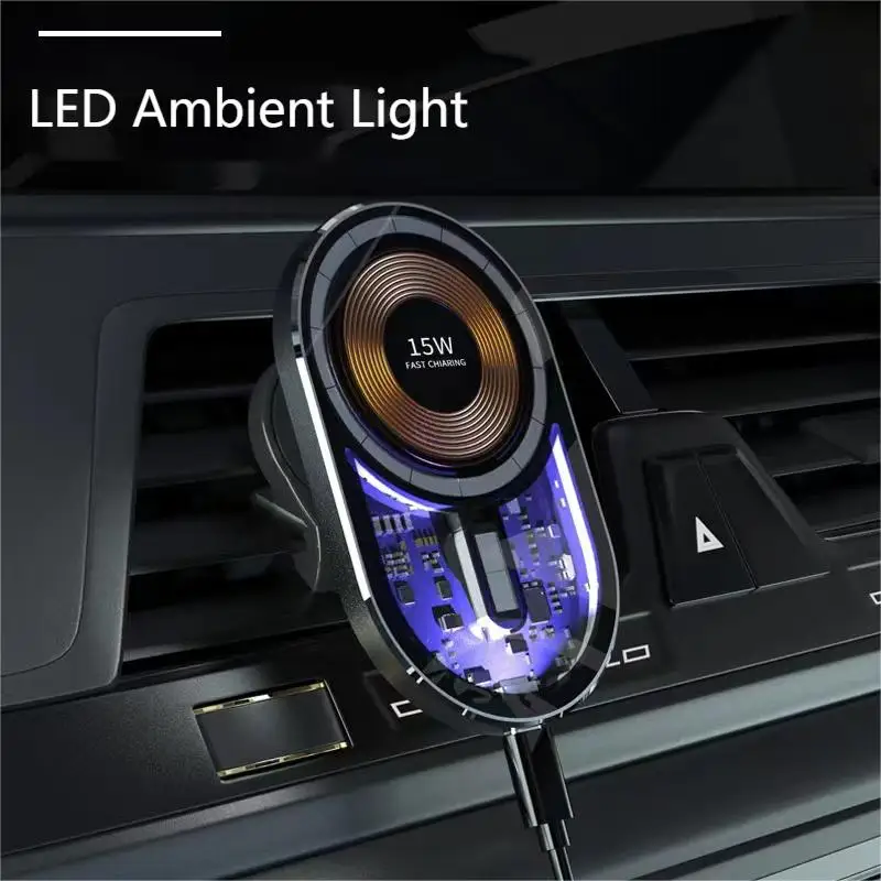 Transparent 15W Qi Car Charger Type C Mobile Phone Magsafing Wireless Charger Car Mount Magnetic Holder For IPhone13 12 Pro