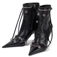 black high heel leather booty shoes pointy toe sexy ladys ankle boots zip buckle studs short women fashion big size 43