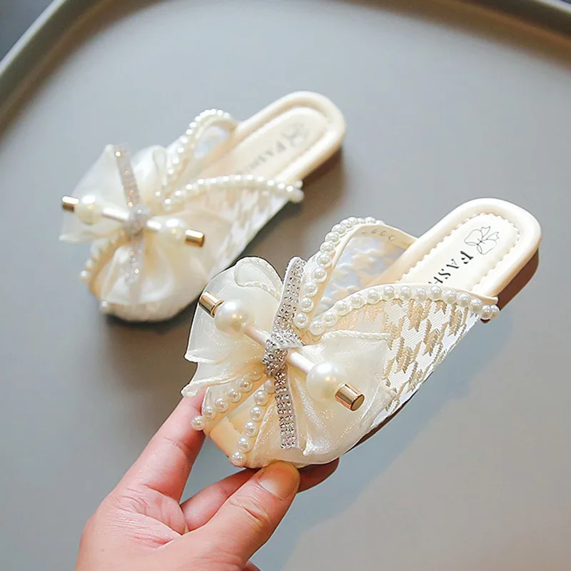 

Kids Girls Princess Indoor Slipper Shoes Children Pearl Mesh Butterfly Bow Design Sandals with Soft Anti-Slip Sole