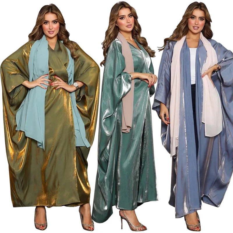 

Muslim Abaya Dress Dubai Silk Satin Solid Batwing Sleeve Moroccan Kaftan Casual Loose Open Abaya Kimono Turkish Islamic Clothing