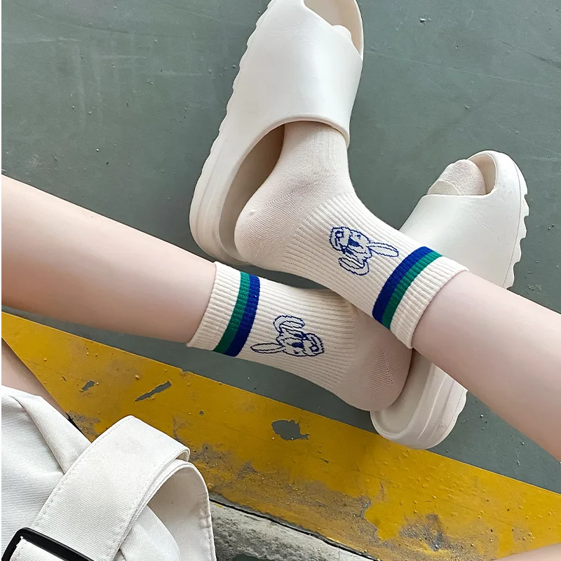 5 PCS Fashion New Sports Casual Basketball Cotton Socks Smiple Stripe Letter Cartoon White Cotton Socks Set for Women