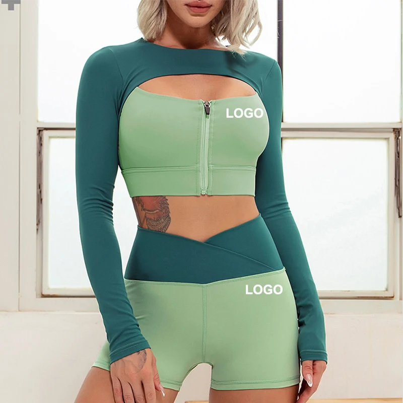 

New Design High Quality Nylon Workout Clothing Color Stitching Fitness Shorts and Top Long Sleeves Yoga Set