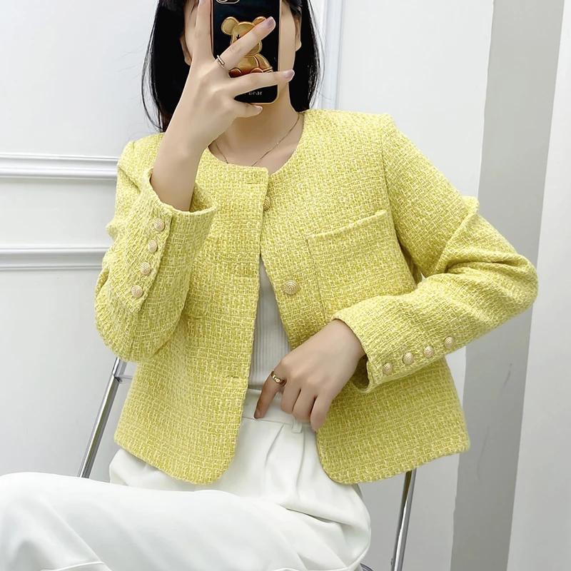 High Quality Autumn Korean Fashion Yellow White Tweed Jacket Coat Women Long Sleeve Vintage Outwear Female Woolen Crop Tops