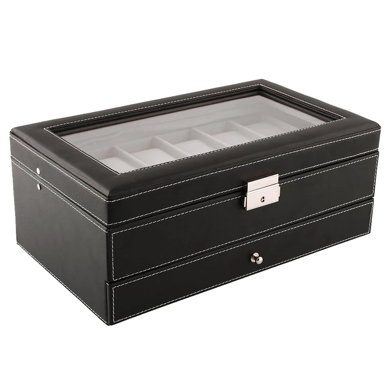 Black 12 Watch Storage Box Case Bracelet Bangle Jewellery Display Tray Organizer