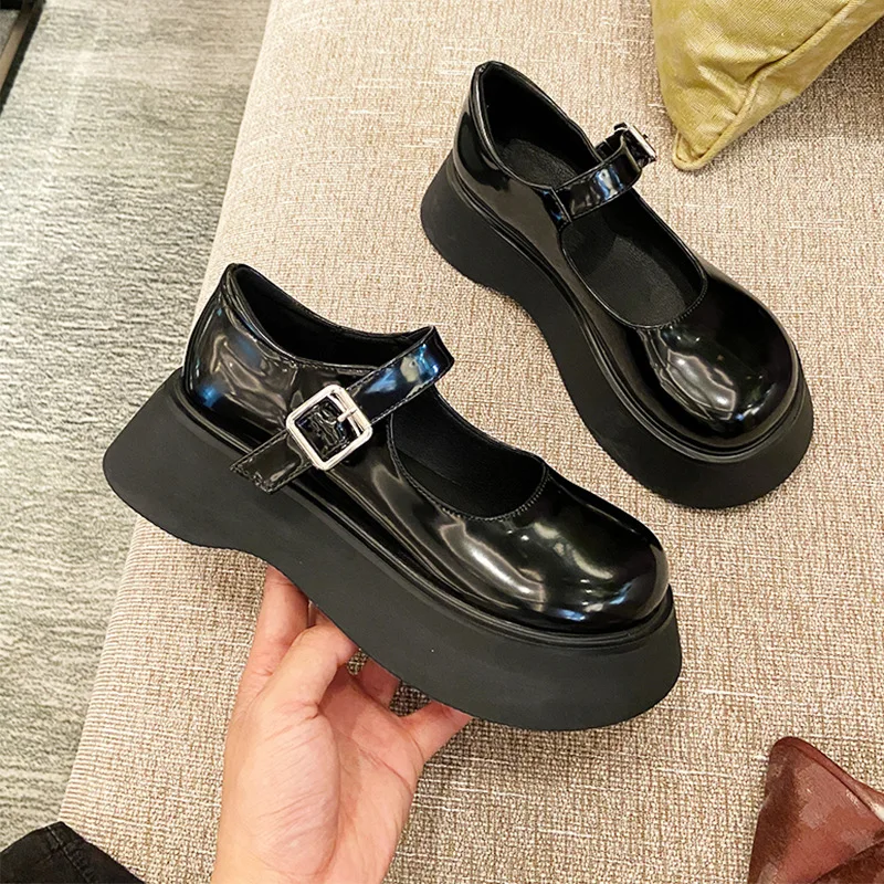 

5cm New Fashion Thick Platform Heels Loafers Patent Leather with Belt Casual Black Shoes for Women 39 40