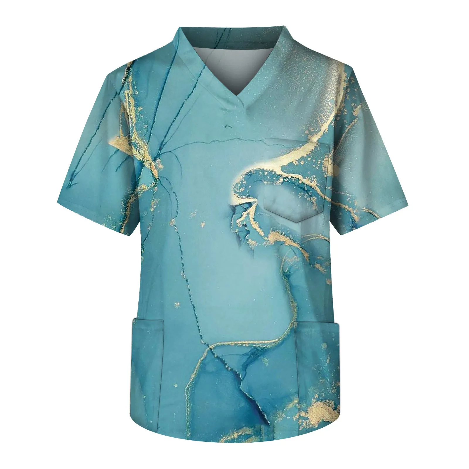

Men'S Printing Short Sleeve V-Neck Working Blouse Chest Pocket Hospital Doctor Workwear Poplin Fabric Veterinary Surgical Outfit