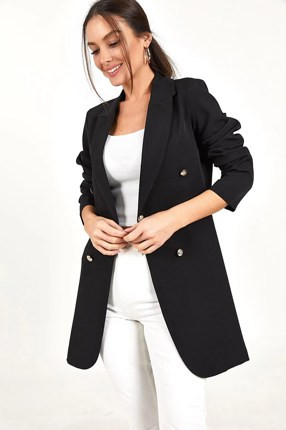 Women Blazer 2023 New Professional OL Solid Color Blazer for Women Casual Double Breasted Mid Length Jacket