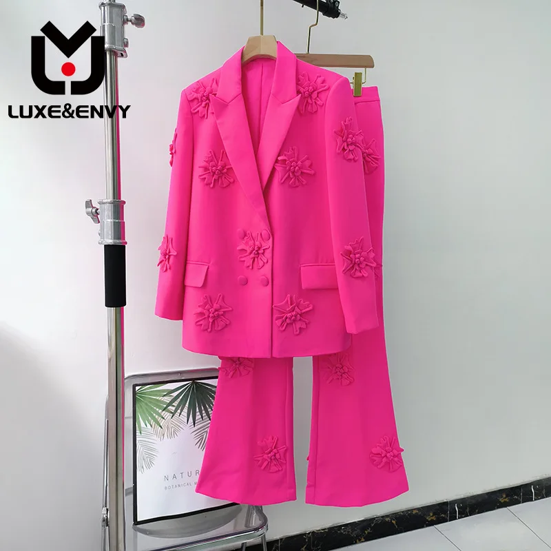 

LUXE&ENVY 2023 Spring Korean Style New Product Suit Collar Long Sleeve Coat Mid Waist Long Flap Pants Heavy Duty 3D Flower Set