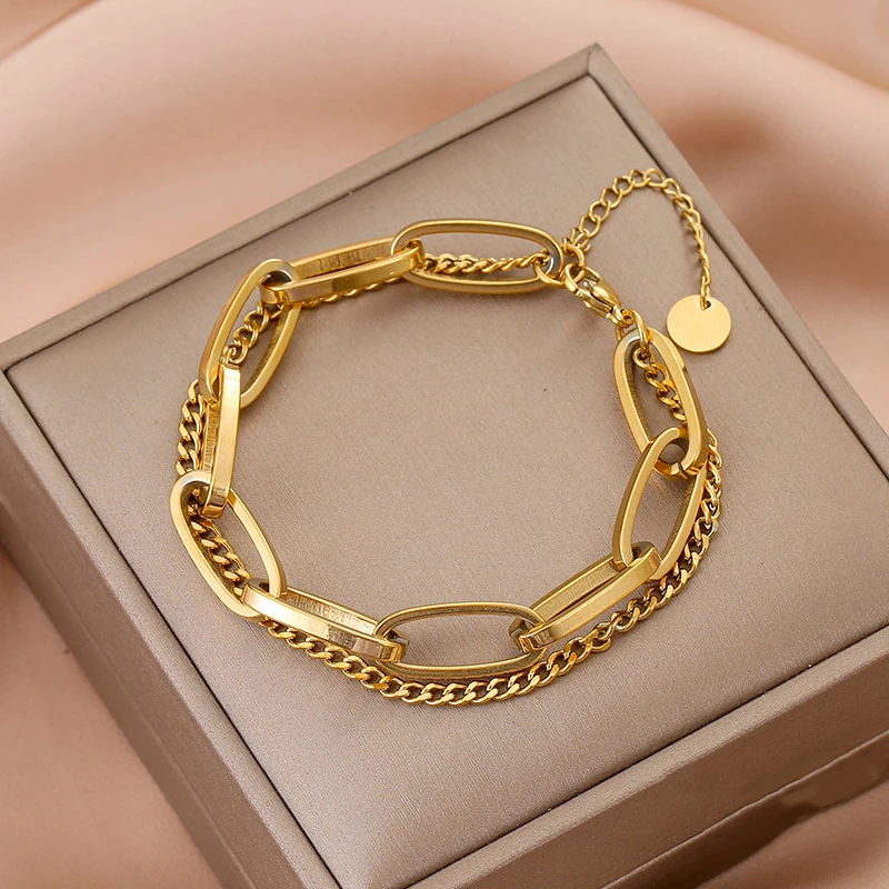 

Bracelet For Women Hip-Hop Fashion Trendy Kpop Double-Layer Bracelet Femme Acier Inoxydable De Luxury Jewelry Gifts For Femme