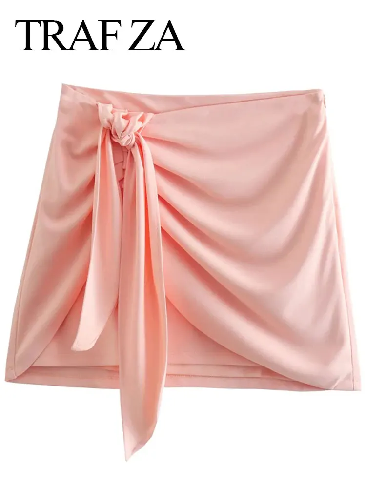 

TRAF ZA Elegant And Cute Solid Color Peach Pink Skirt Asymmetrical Lace-up Pleated Skin-friendly High-end Skirt Women Summer