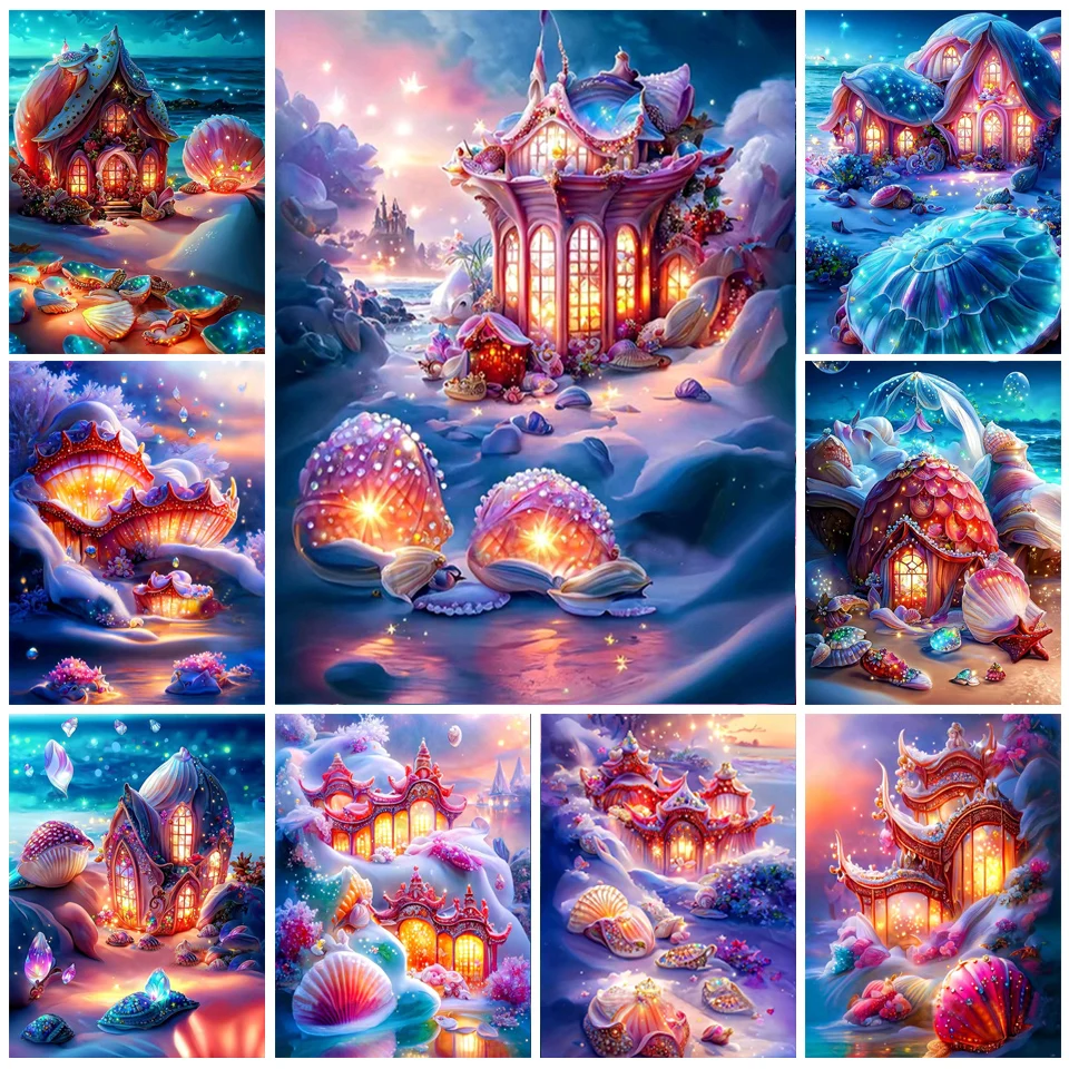 5d алмазная живопись, вышивка, фэнтези, ракушки, дом, пейзаж, сделай сам, даминовая мозаика, вышивка крестиком, Пляжный Пейзаж, Настенный декор YY6541